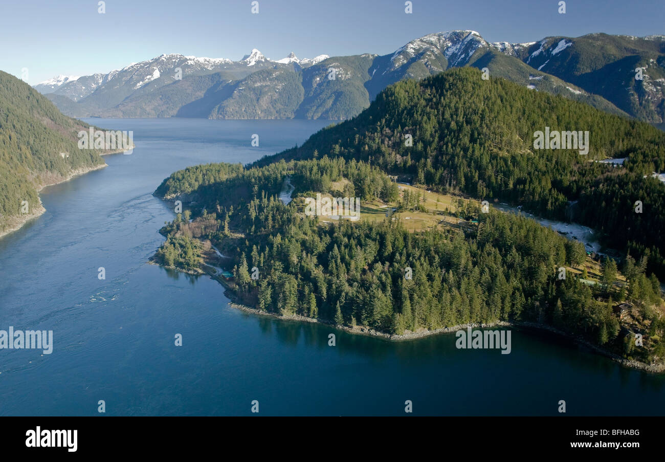 Stuart Island at head of Bute Inlet Coast Range Mountains of British Columbia.  Bute Inlet Discovery Island's British Columbia C Stock Photo