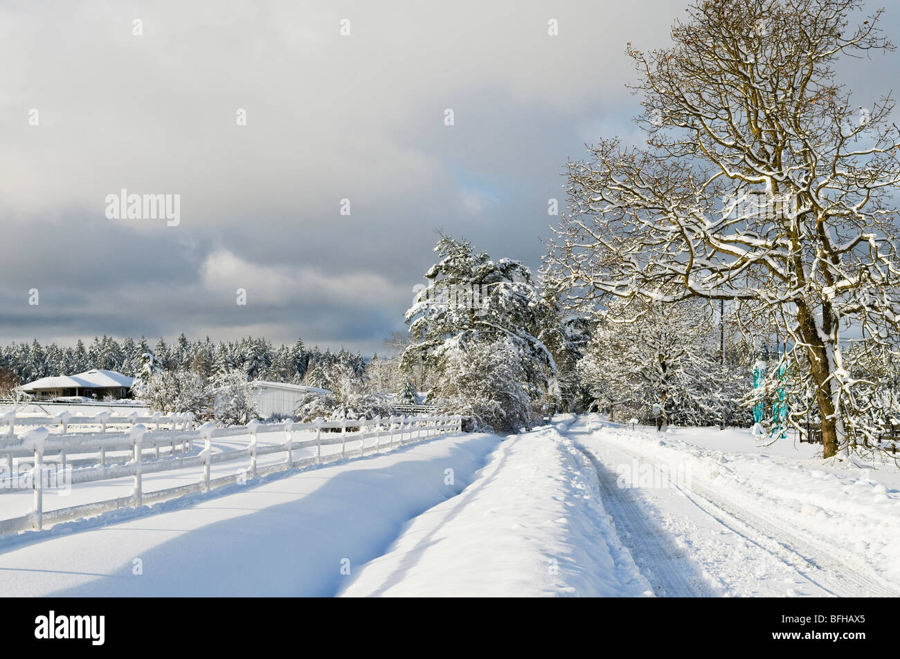 Deep winter snow covers this rural road in Central Saanich, near Victoria BC. Stock Photo