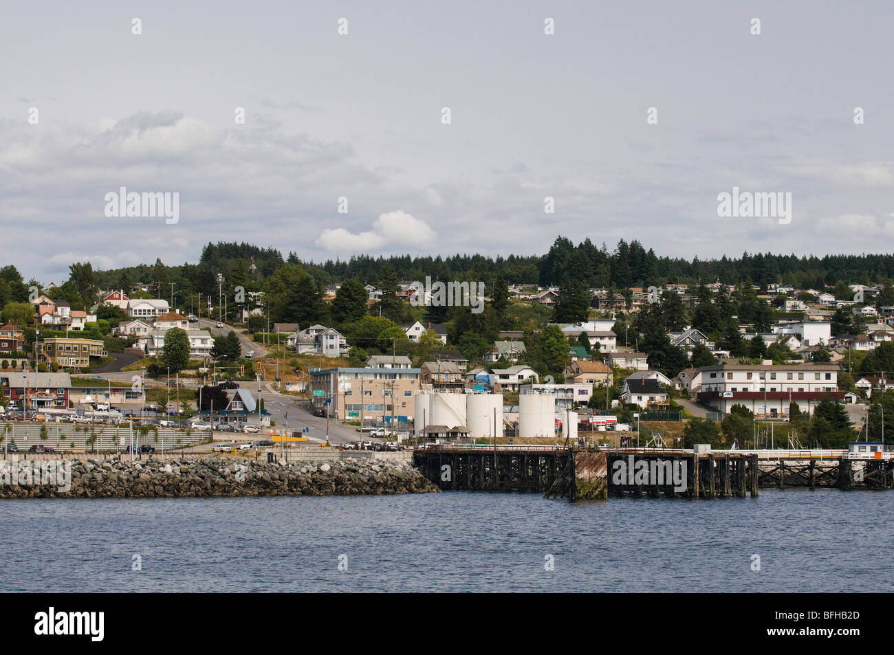 Downtown Powell River BC sits along the oceanfront. Stock Photo