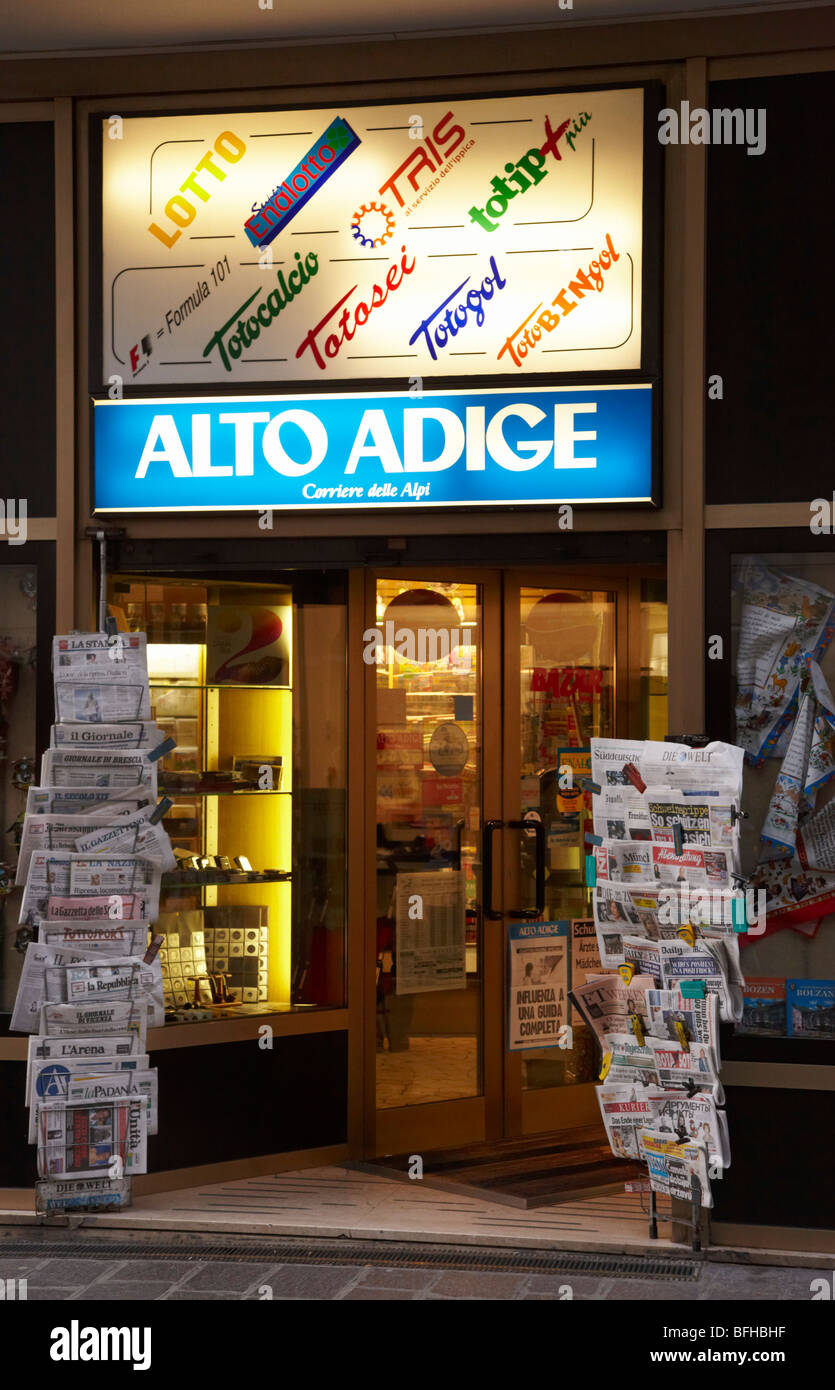 Newspapers on sale outside shop in the historical centre of Bolzano, Alto Adige, Italy. Stock Photo