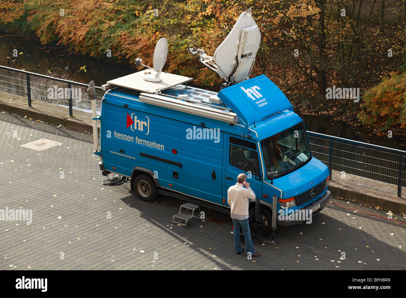 media, communication, telecommunications, television, broadcasting, outside broadcasting van of the HR during a football match, Hessischer Rundfunk Frankfurt on the Main, Hessian Broadcasting Corporation, Hessian Television, parabolic antenna, D-Wuppertal Stock Photo