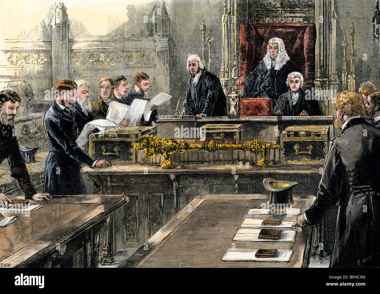 Members of Parliament taking the oath during the opening ceremonies, 1886. Hand-colored woodcut Stock Photo