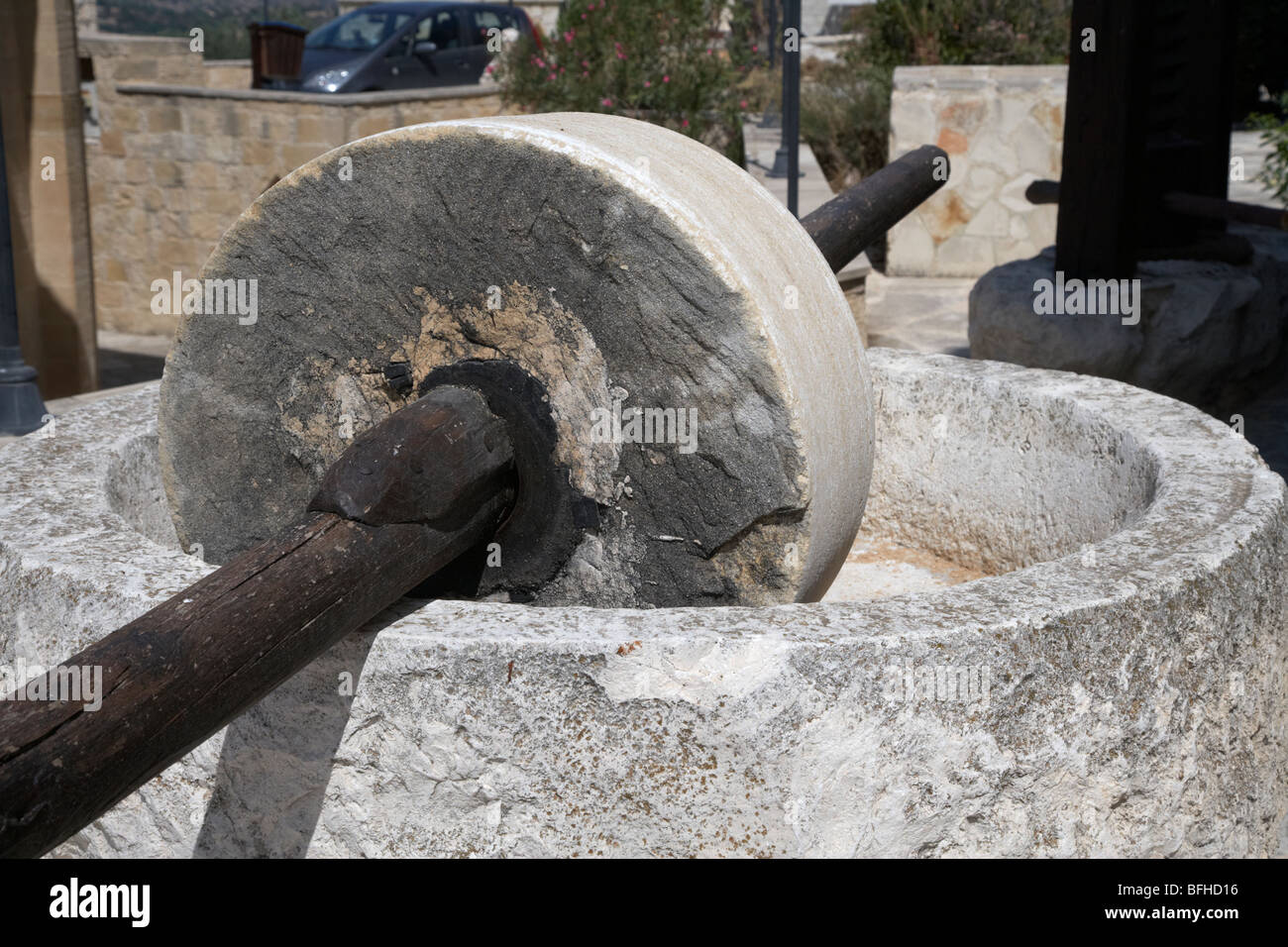 olive oil stone press wheel republic of cyprus europe Stock Photo