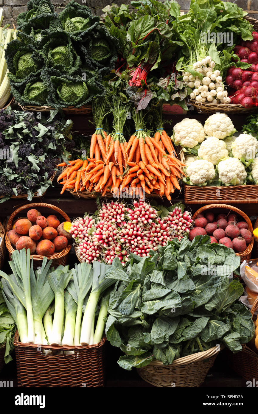 Fresh ripe assorted vegetables for sale at Borough Market veg stall in
