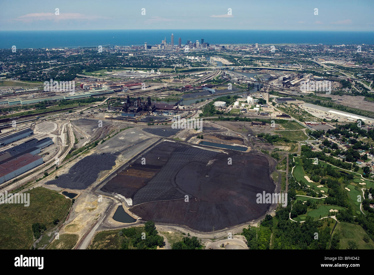aerial view above Cleveland Ohio industrial area steel mills Cuyahoga river Stock Photo