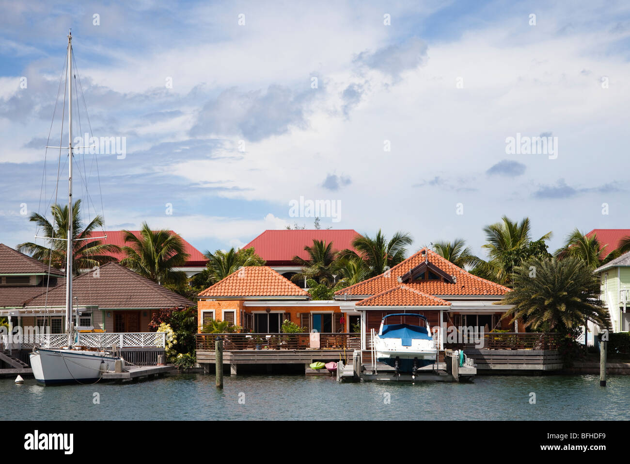 Harbourside houses at the marina in Jolly Harbour, Antigua, Caribbean
