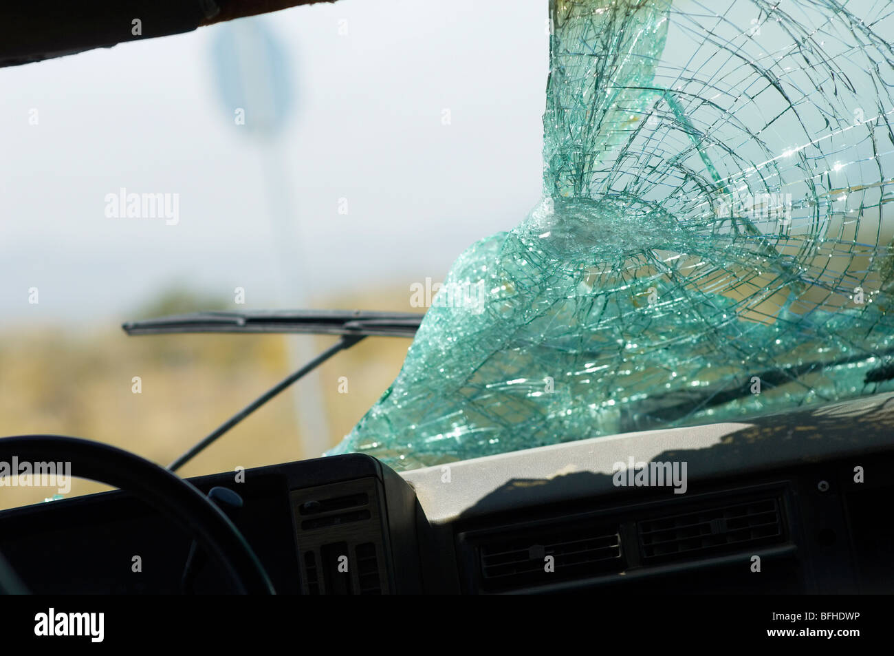 Broken car windshield, view from interior Stock Photo Alamy