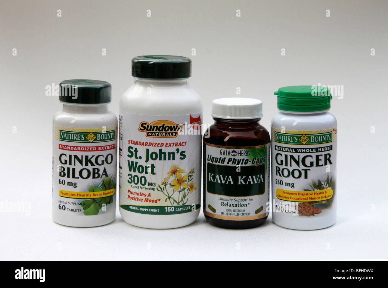 Herbal supplements in bottles Ginkgo Biloba, St. John's Wort, Kava