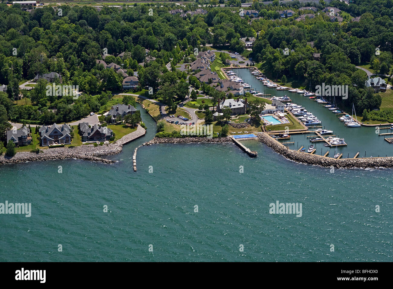 aerial view above Bratenahl marina wealthy suburb Lake Erie Cleveland Ohio Stock Photo