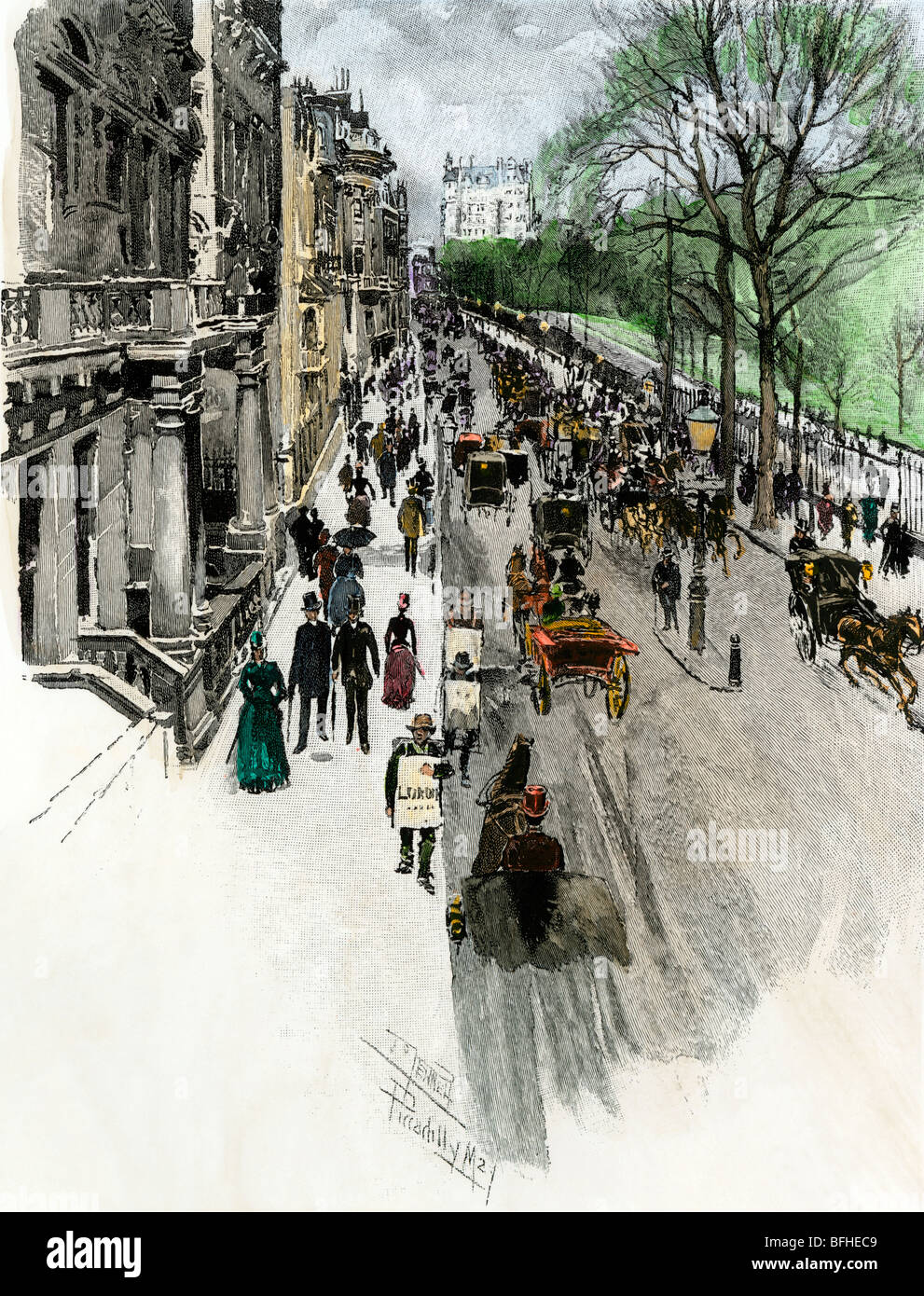 Piccadilly busy with traffic on a spring day in London, 1880s. Hand-colored woodcut Stock Photo