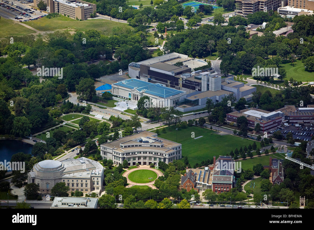 aerial view above Cleveland Museum of Art Severance Hall Kelvin Smith Library Case Western Reserve University Ohio Stock Photo