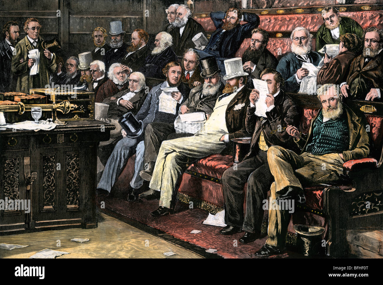 Opposition bench in the House of Commons, 1880s. Hand-colored woodcut Stock Photo