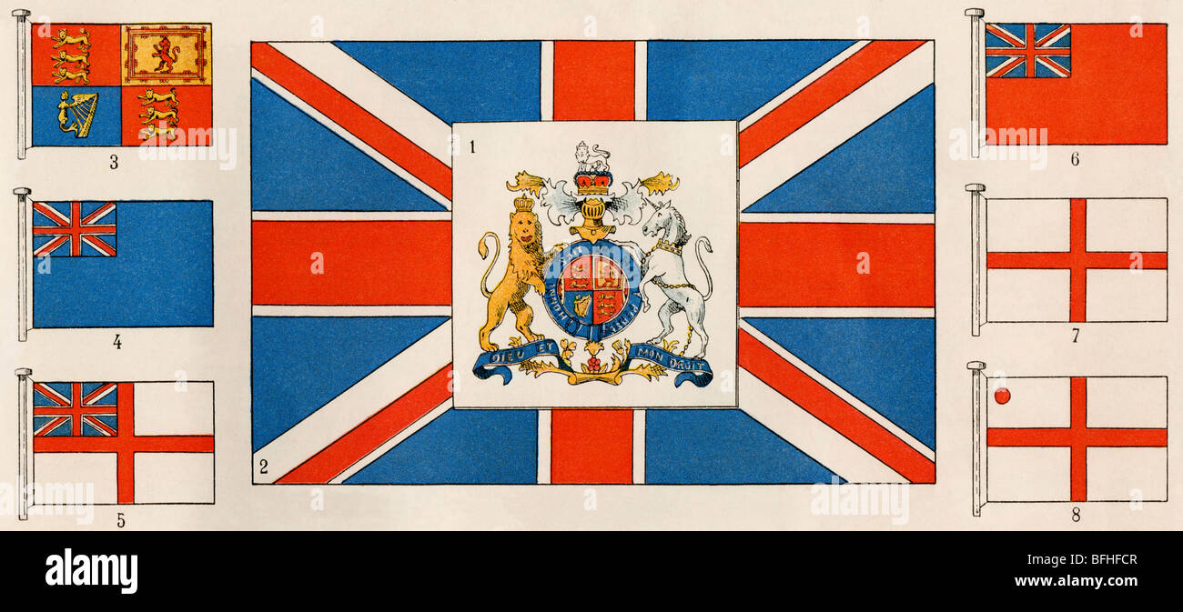 Flags and the coat of arms of Great Britain. Color lithograph Stock Photo