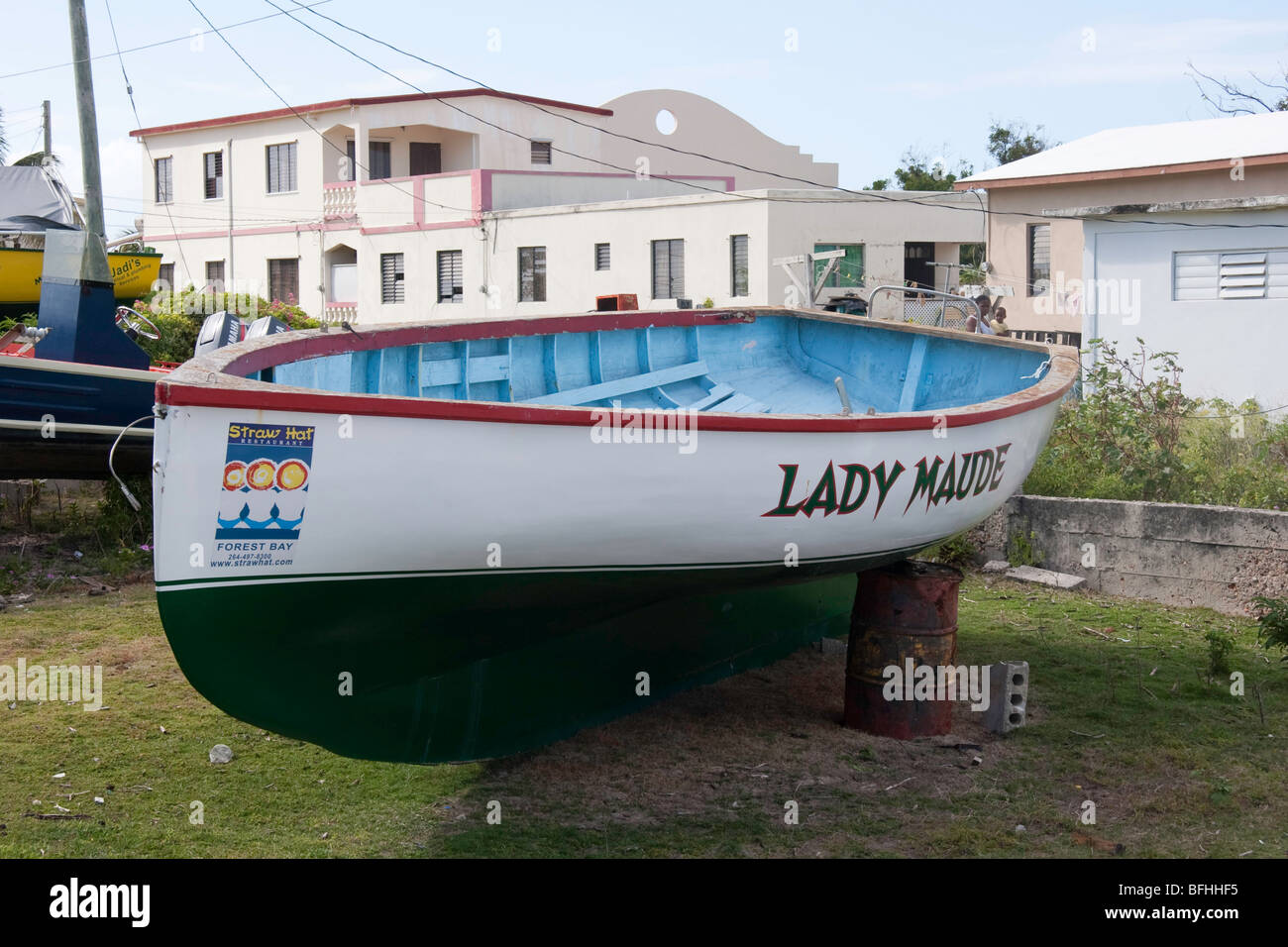 Island racing boat hauled out at Sandy Ground, Anguilla, West Indies