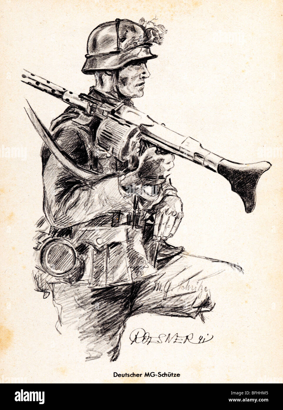 German Machine Gunner, 1941 drawing of an infantryman with the classic MG 34 slung over his shoulder Stock Photo