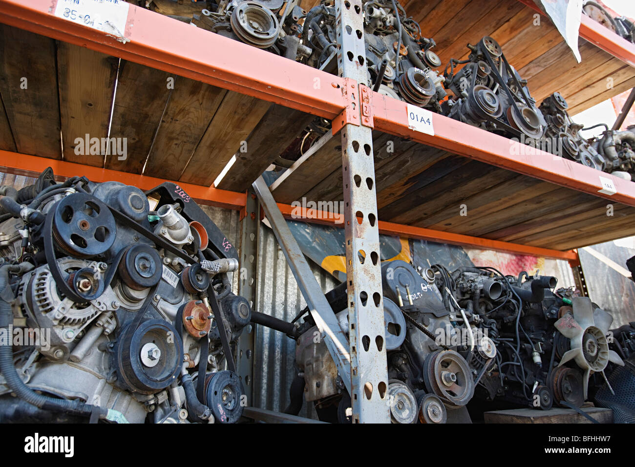 Car engines in junkyard Stock Photo Alamy