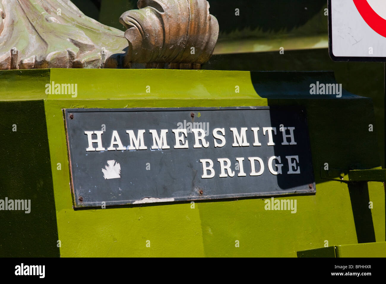 Hammersmith Bridge plaque in strong sunshine. Stock Photo