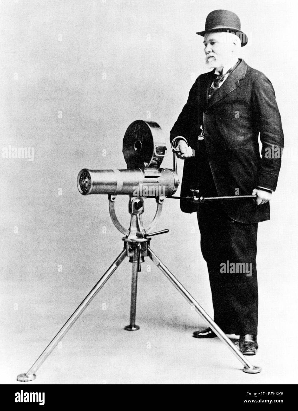 Dr Gatling, 1893, with the Bulldog model of his hand-cranked machine gun of that year Stock Photo