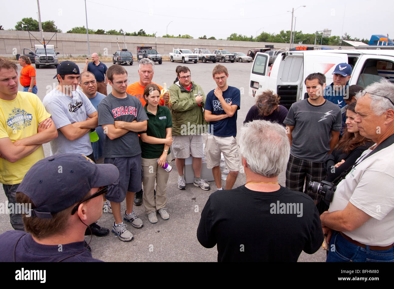 Storm chaser Josh Wurman holds an impromptu field meeting in western Kansas, USA, June 9, 2009. Stock Photo