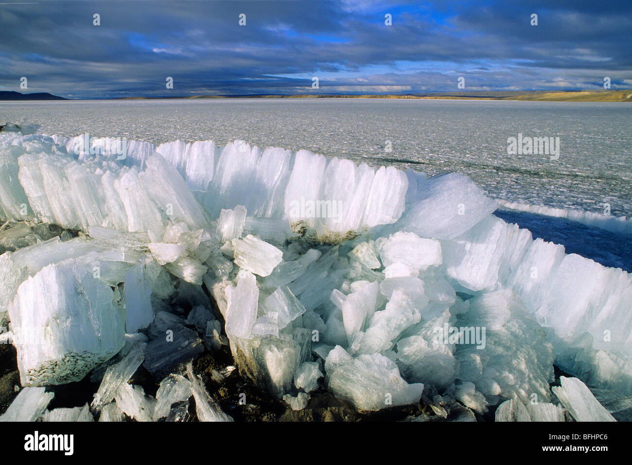 Candle ice piled along the shoreline by the wind, Lake Hazen Stock