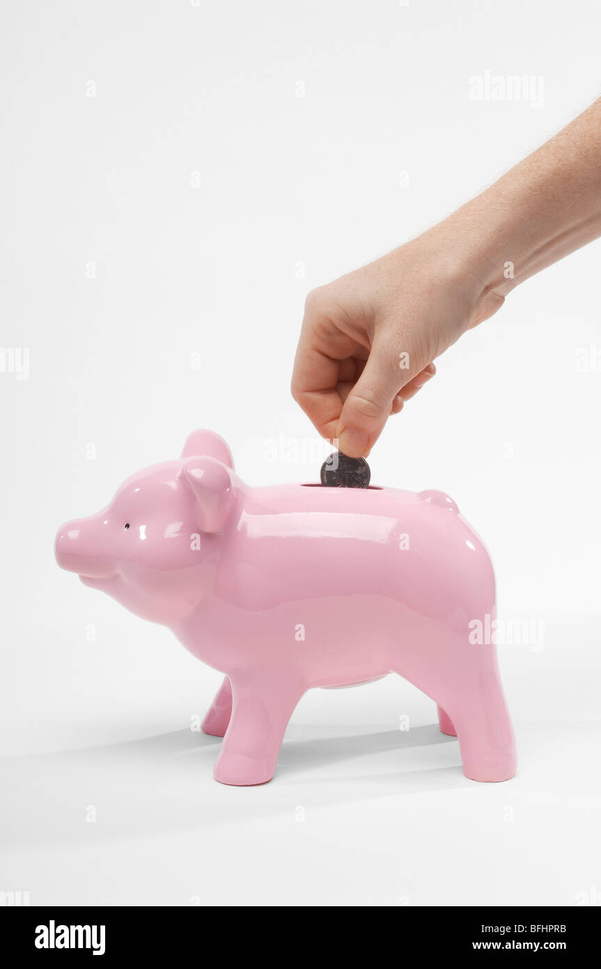 Hand Putting Money in Piggy Bank Stock Photo - Alamy
