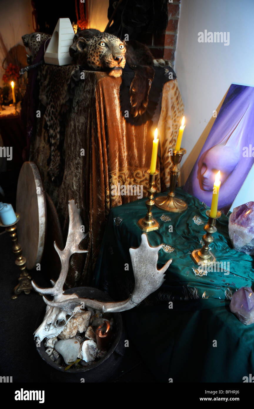 Items on a Druids altar during a gathering of The Dolmen Grove in Dorchester Dorset on the eve of the spring Equinox March 2008 Stock Photo