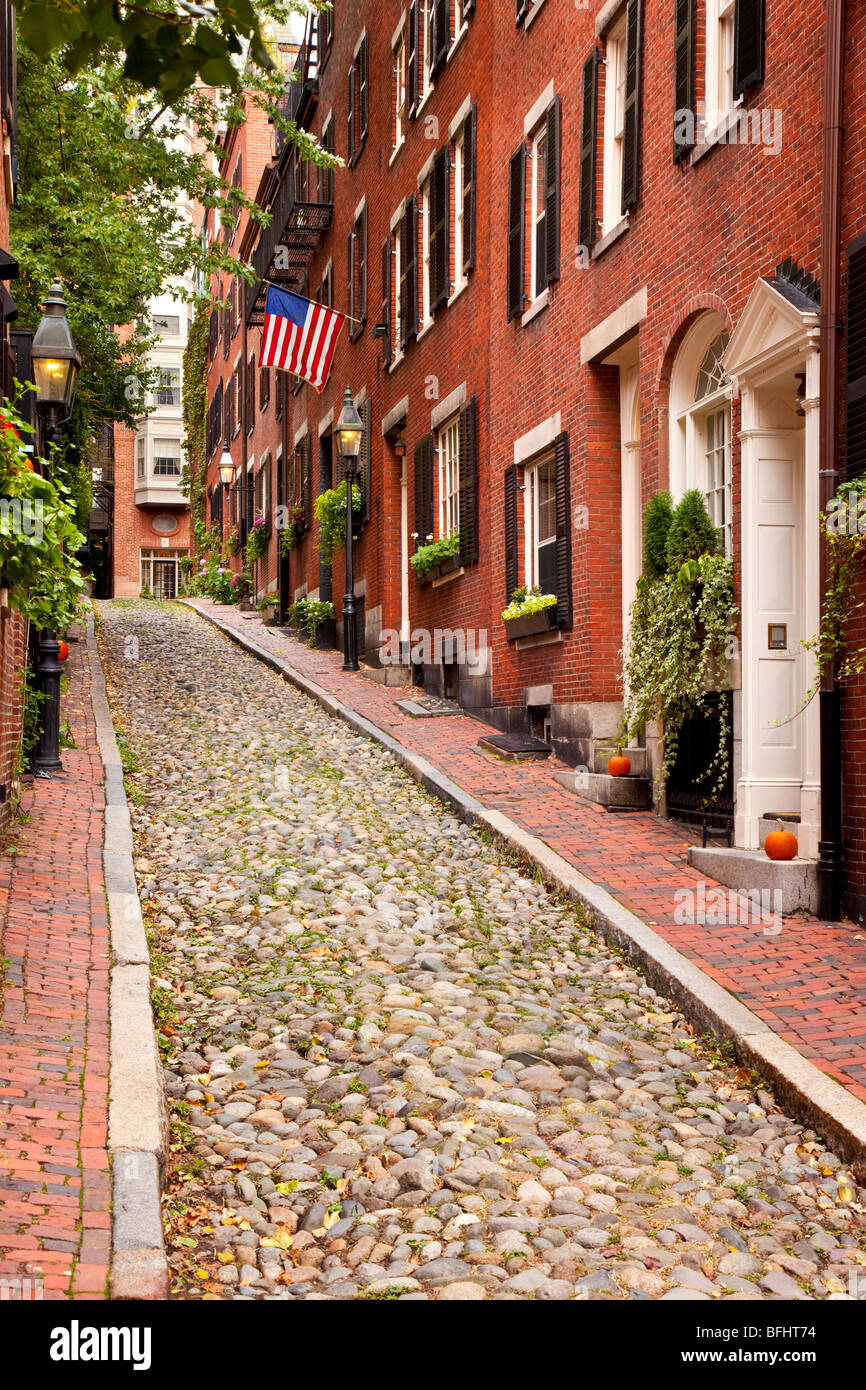 Famous Acorn Street in Beacon Hill, Boston, Massachusetts, USA Stock Photo