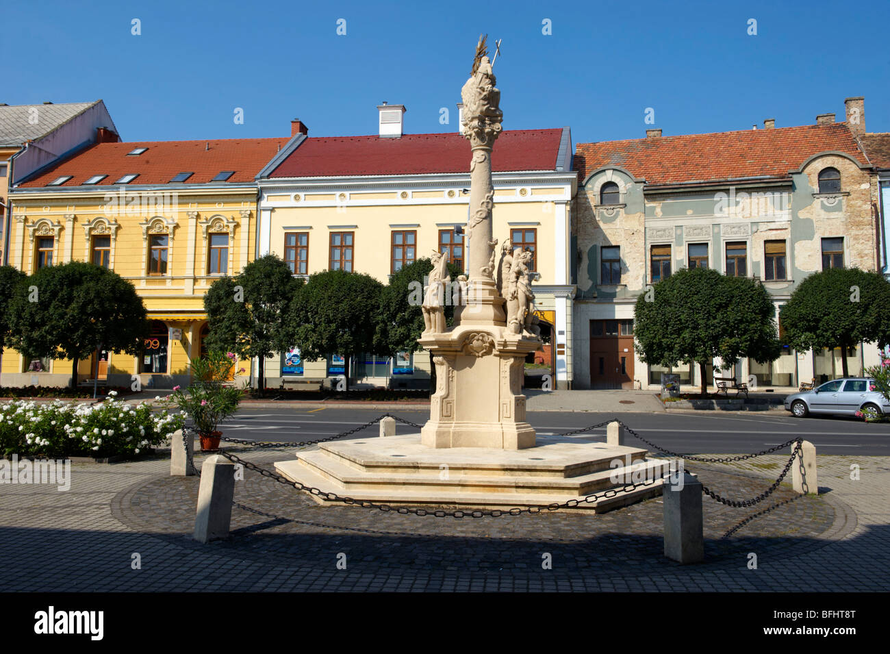 Cross on the main street of the old town - Tapolca, Balaton, Hungary Stock Photo