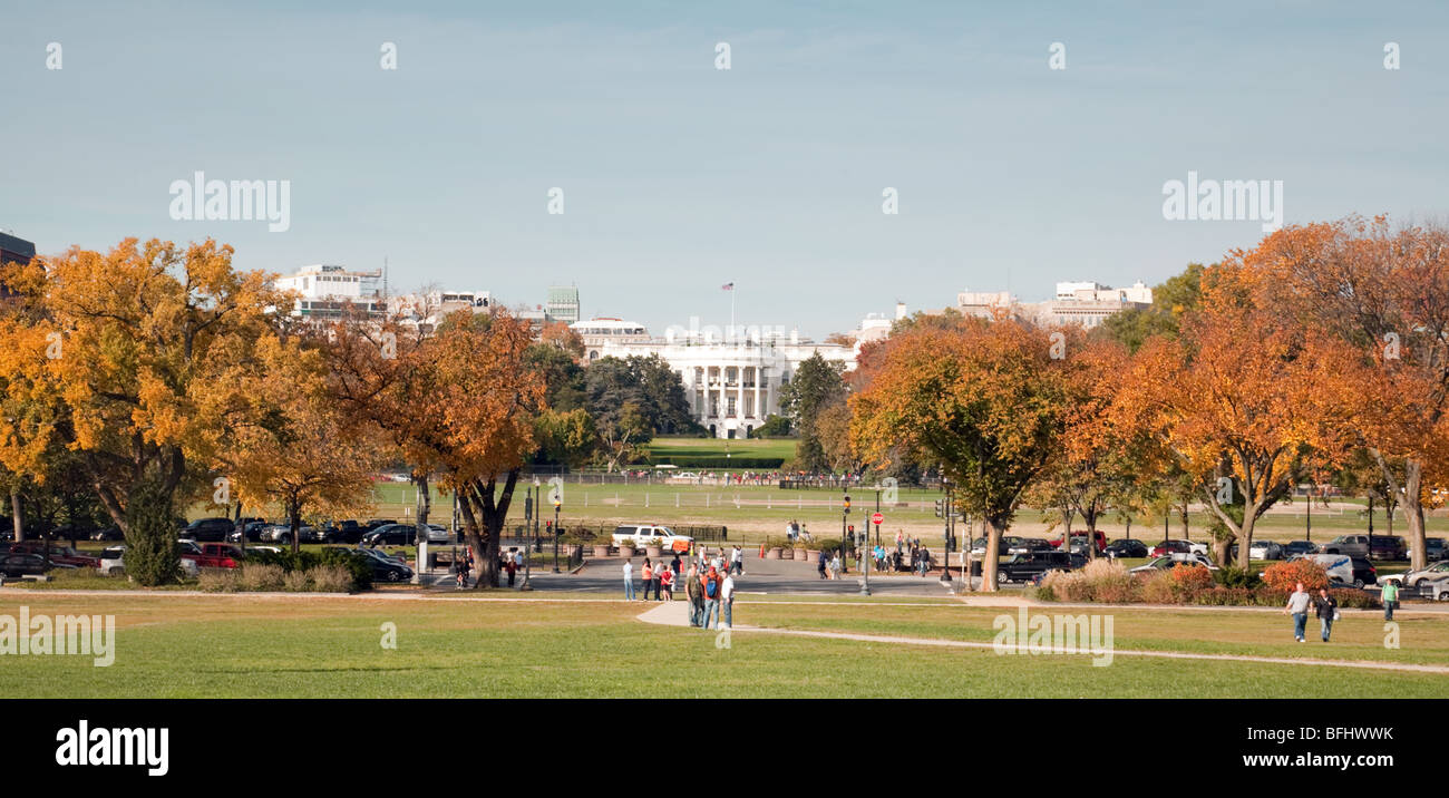 White House fall; Panorama view of The White House from the National mall, in autumn, Washington DC, USA Stock Photo