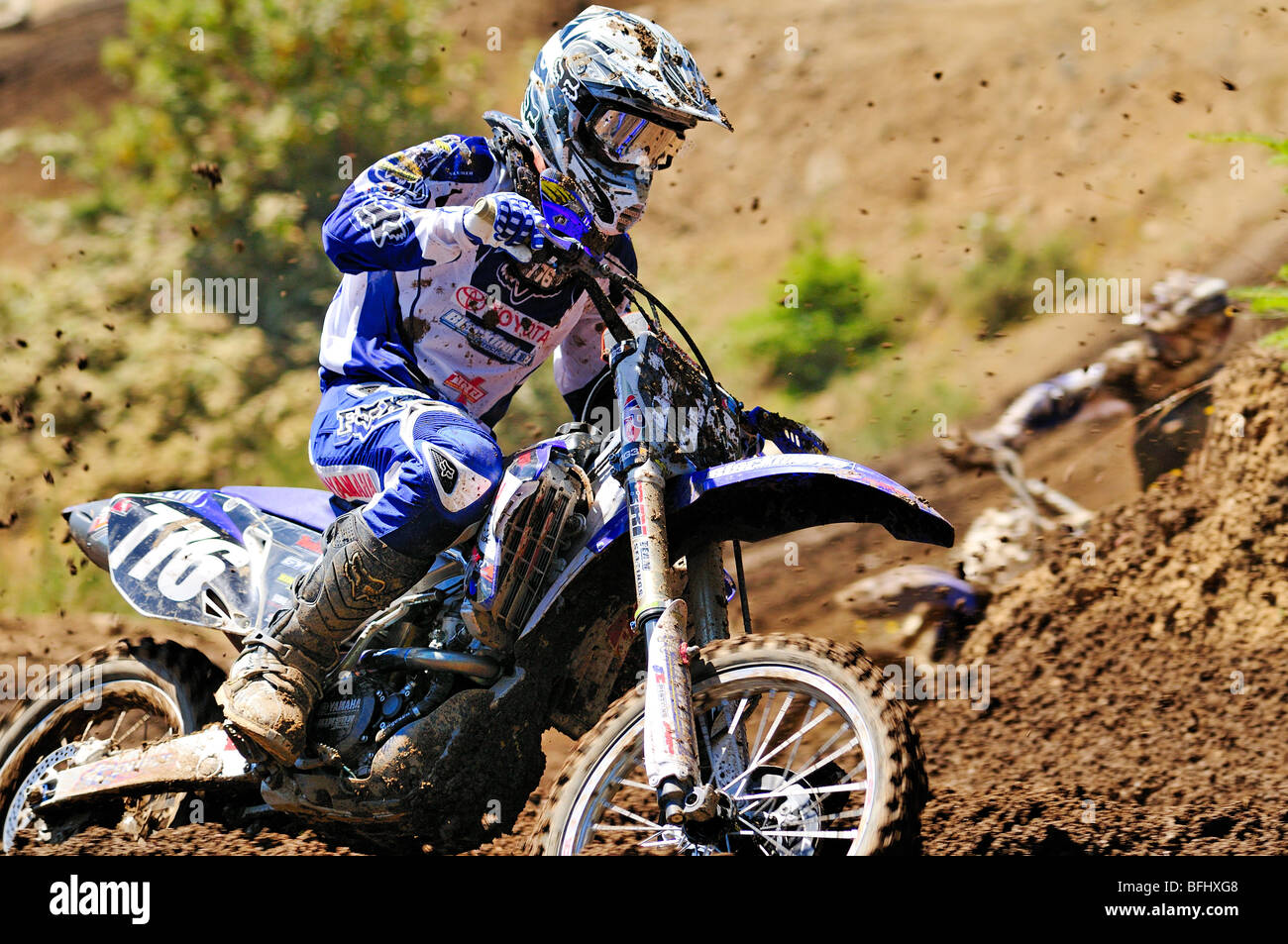 motocross cycle on the track at the Nanaimo Wastelands Motocross Track in Nanaimo, BC. Stock Photo