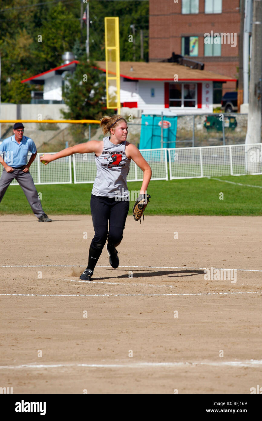 North Idaho College softball game, Sept. 28, 2008, Coeur D Alene, Idaho. Pitcher at the end of the wind-up. Stock Photo