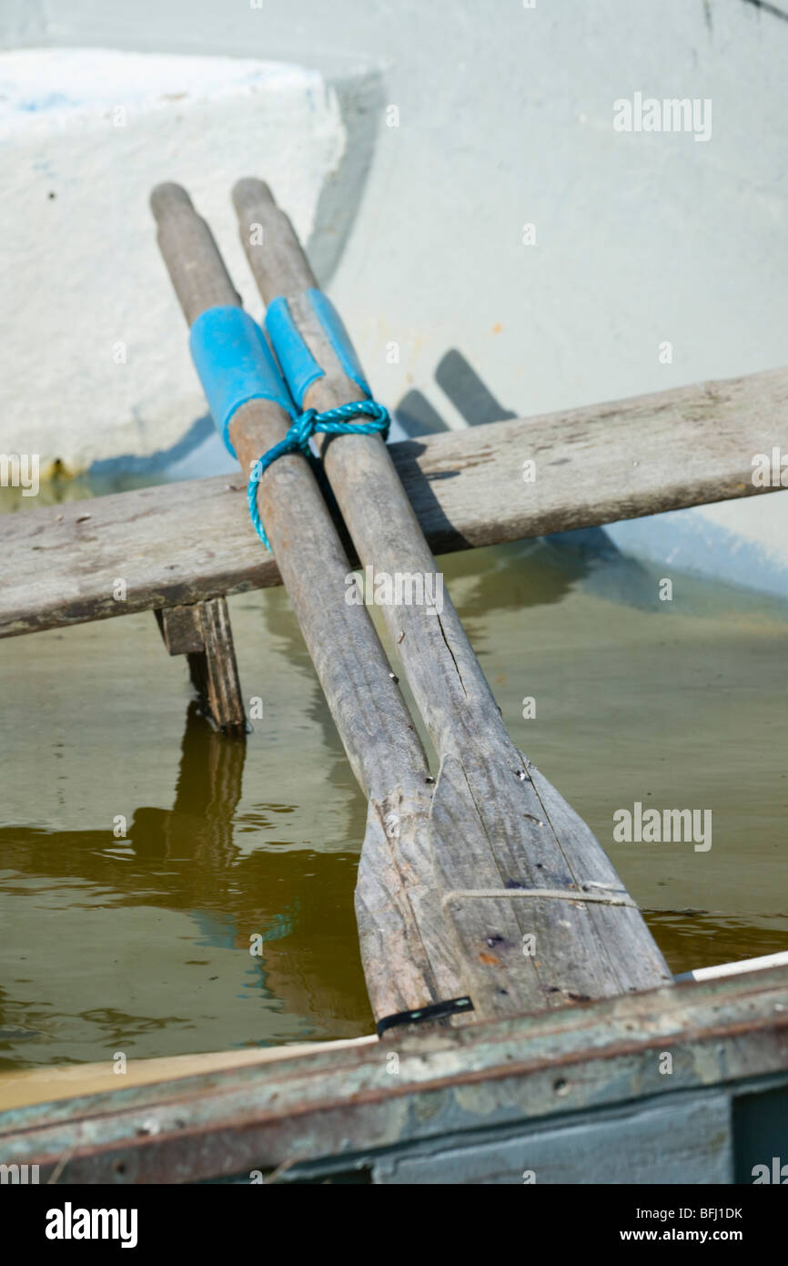 Oars in a rowing boat full of rain water, Isles of Scilly Stock Photo