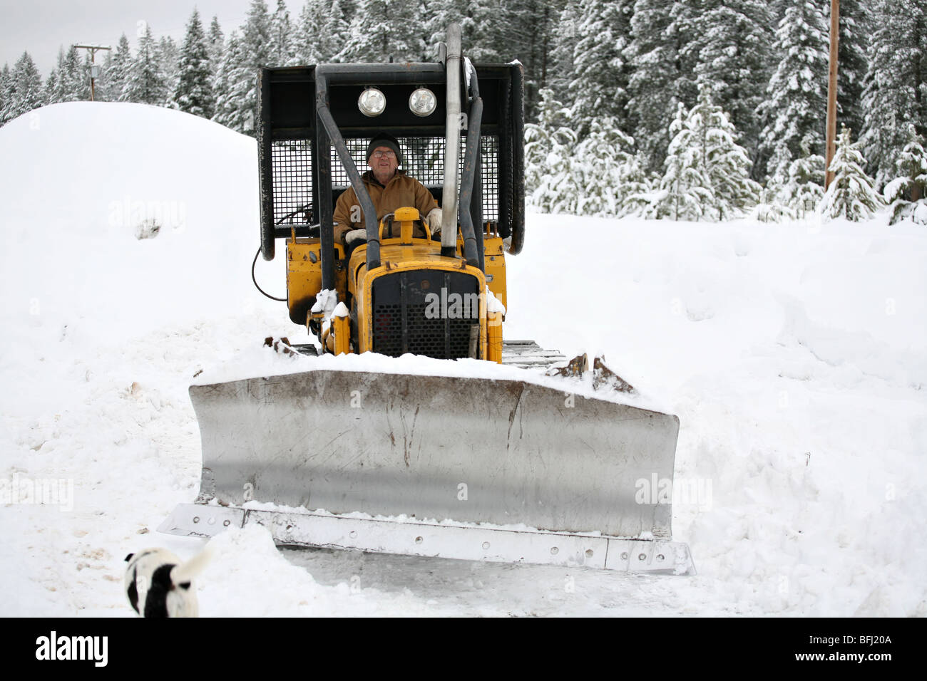Senior citizen plowing snow in a bulldozer excavator Stock Photo Alamy