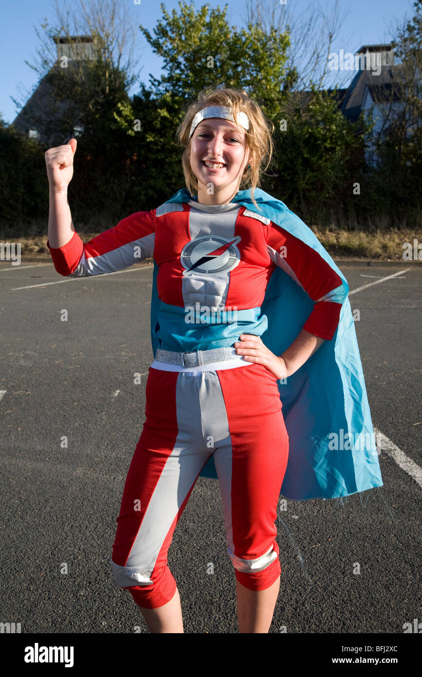 Teenage girl in super hero costume Stock Photo