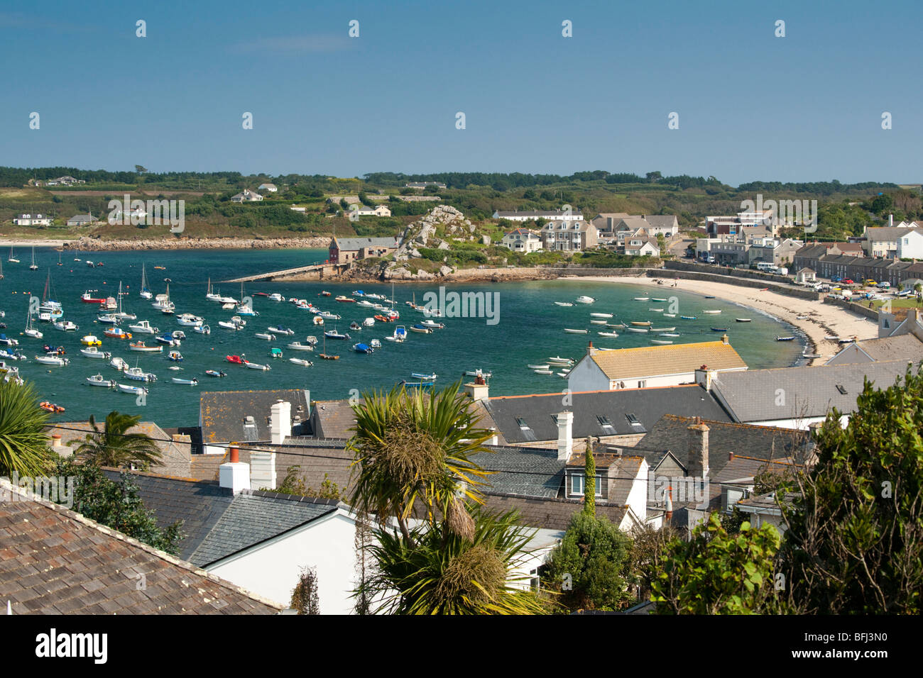 St. Mary's Harbour and Hugh Town viewed from the Garrison, Isles of Scilly Stock Photo
