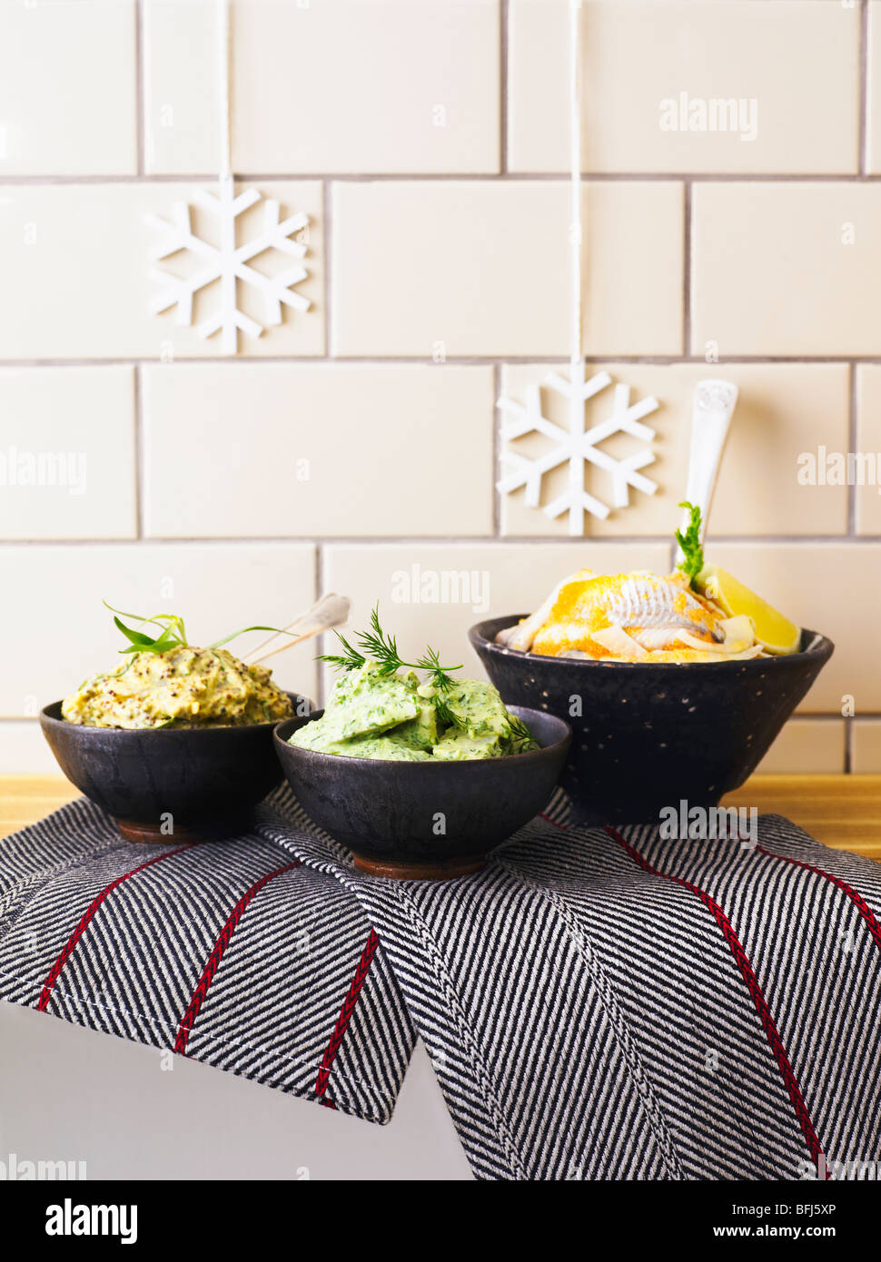 Herrings with different flavors, Sweden. Stock Photo