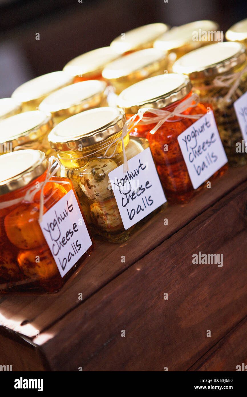 Glass jars with pickled cheese balls, South Africa Stock Photo Alamy
