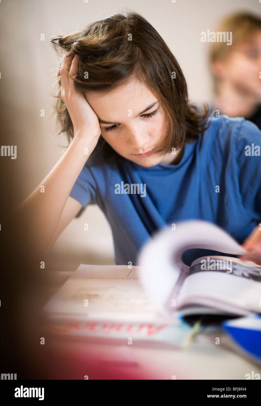 Schoolboy reading, Sweden. Stock Photo