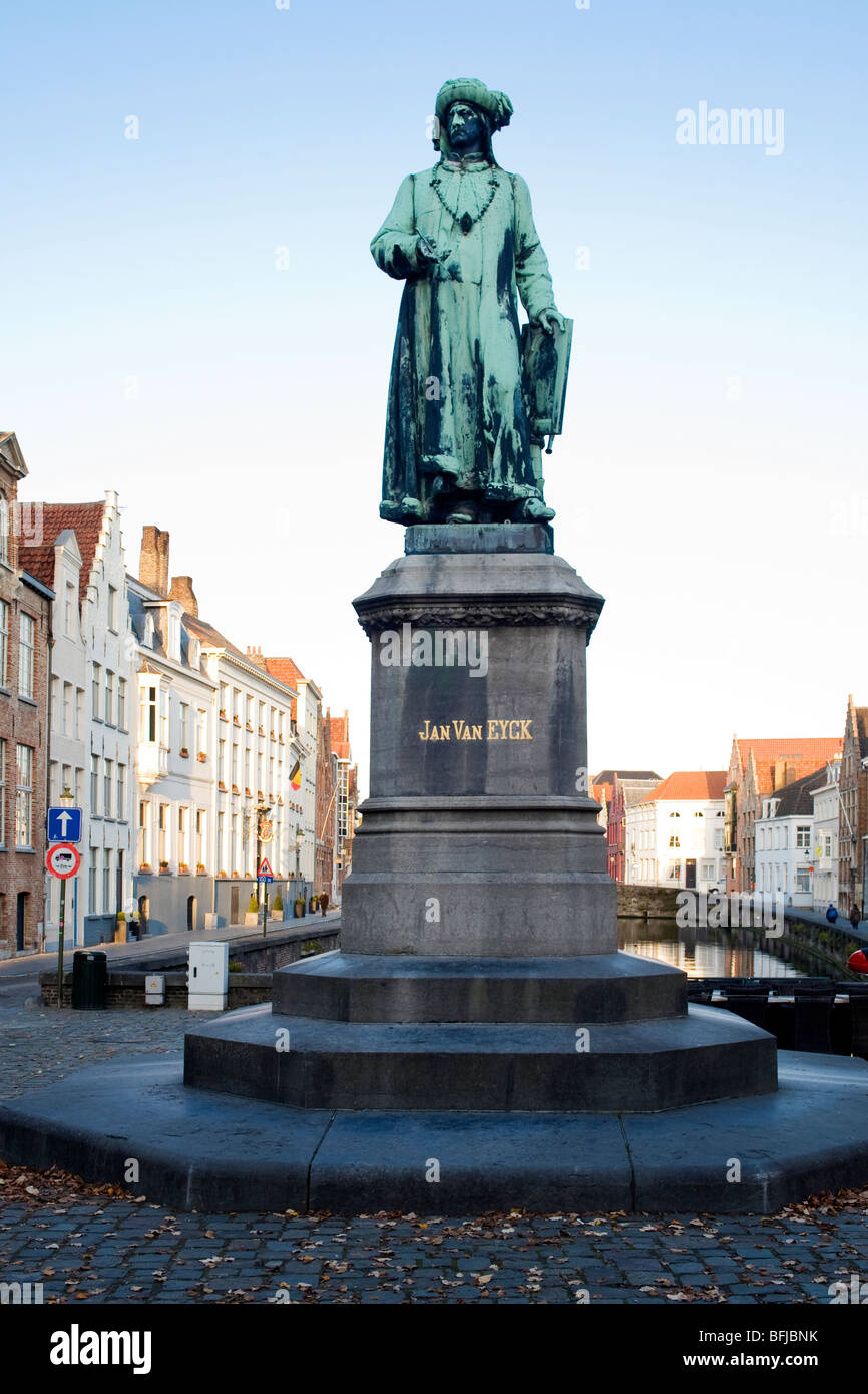 Statue (1878) of the Flemish painter, Jan Van Eyck, at Jan Van Eyckplein, northeast Bruges, Belgium Stock Photo
