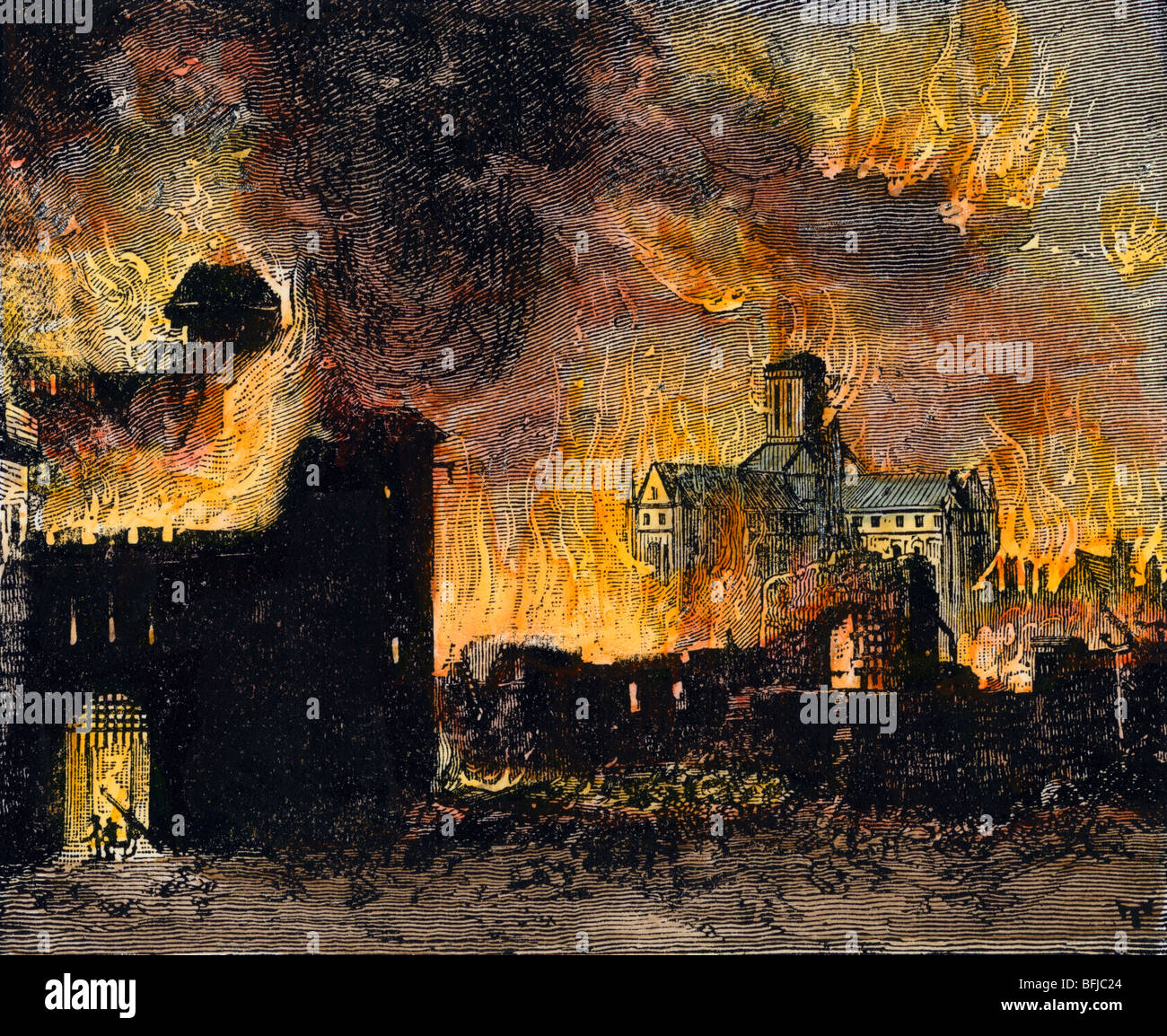 St. Paul's destroyed in the conflagration of 1666. Hand-colored woodcut Stock Photo