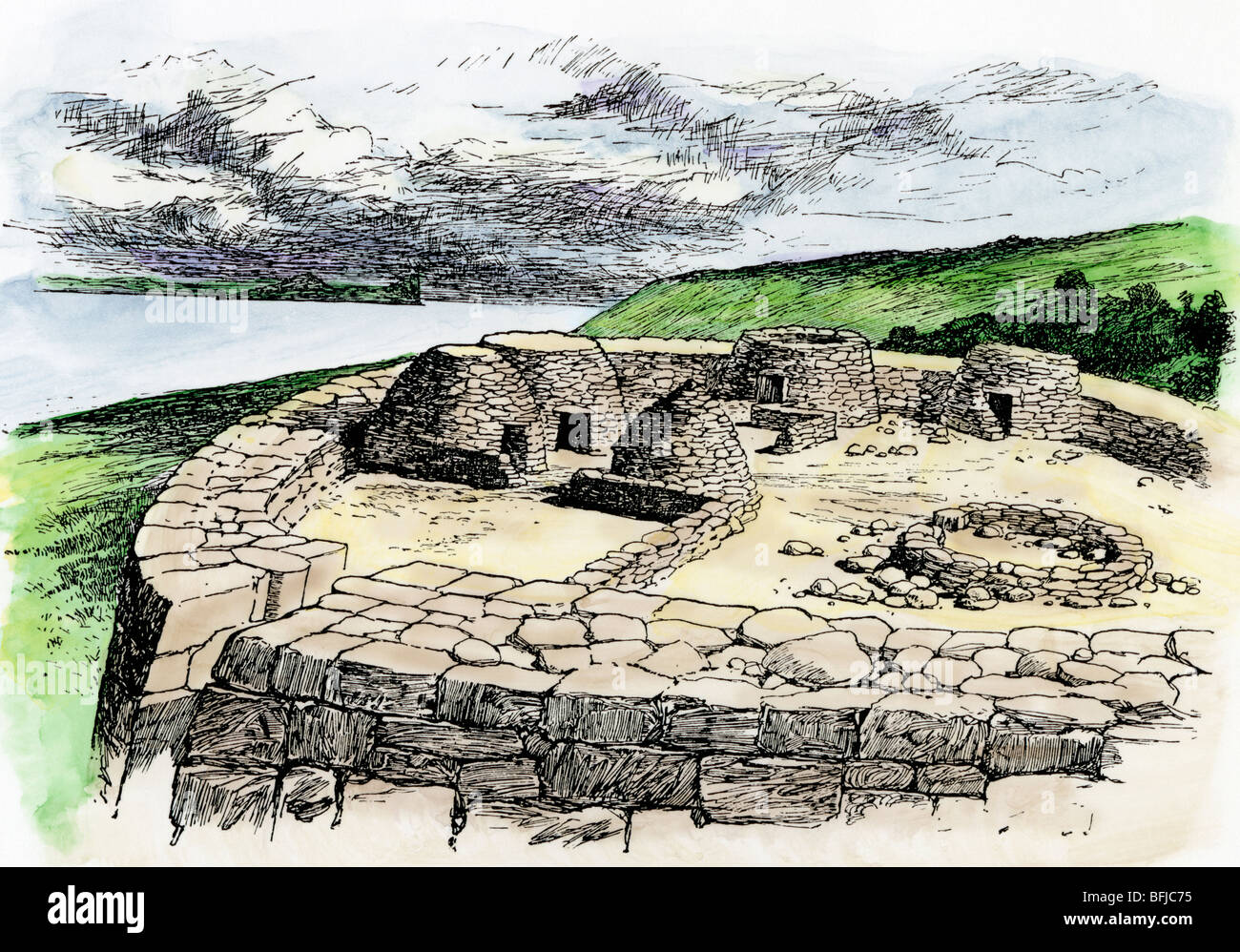 Archaic beehive huts on the west coast of Ireland. Hand-colored woodcut Stock Photo