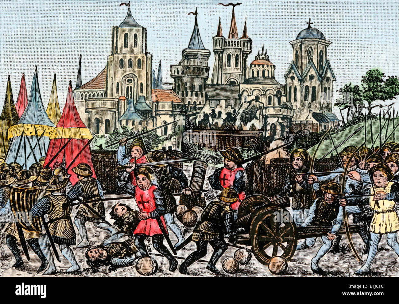 English artillery in action during the reign of Henry VIII. Hand-colored woodcut Stock Photo