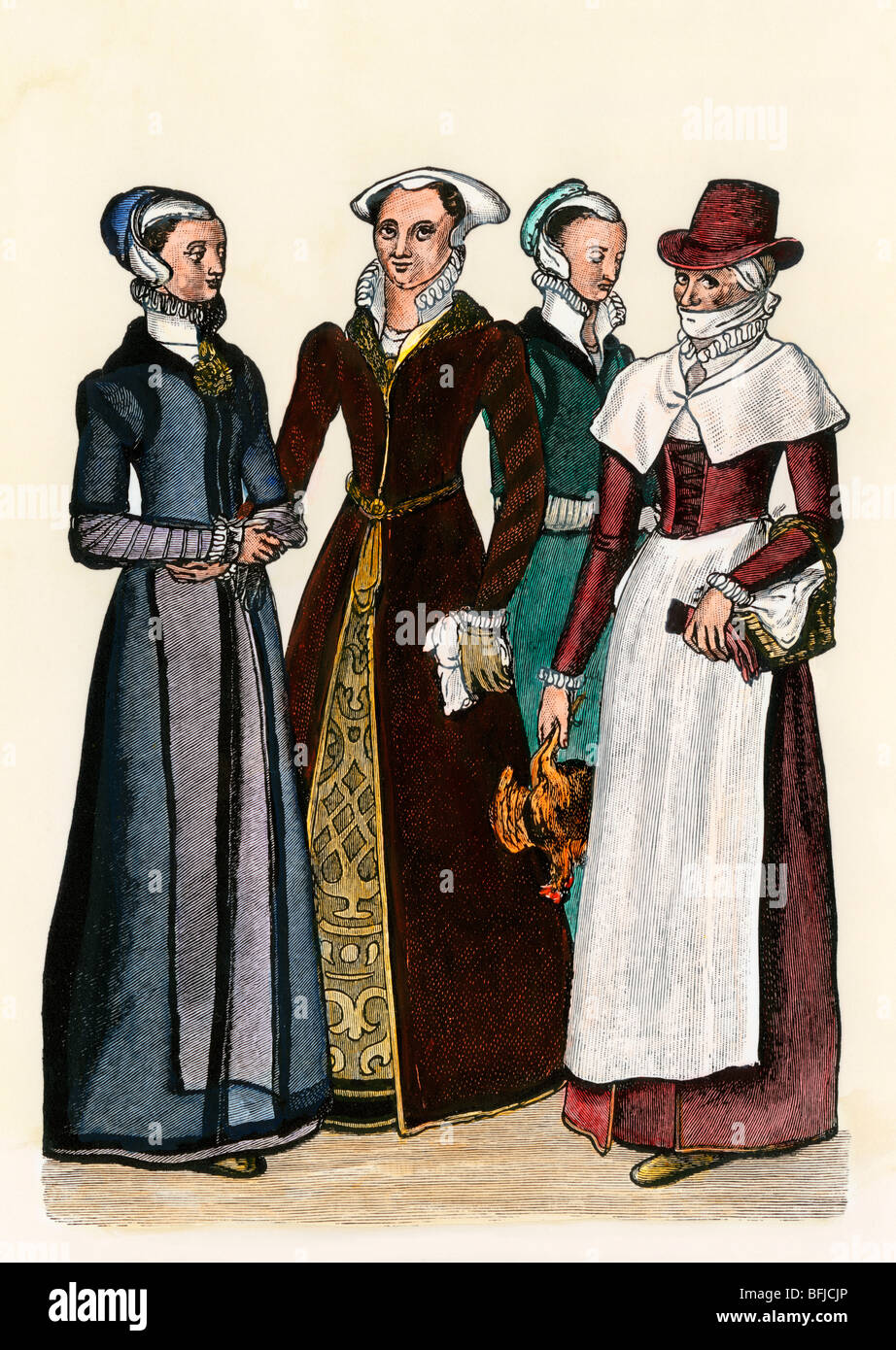 City women and a country-woman in Elizabethan England, 1500s. Hand-colored woodcut Stock Photo