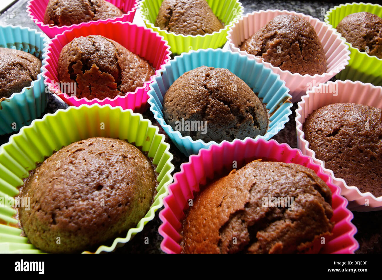 Freshly baked chocolate cupcakes. Stock Photo