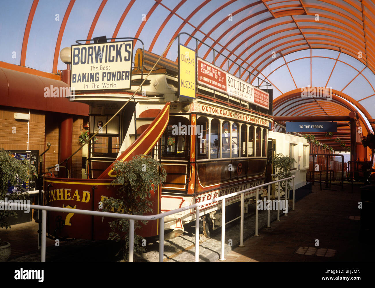 UK, England, Wirral, Birkenhead, Woodside Ferry Terminal, historic tram exhibit Stock Photo