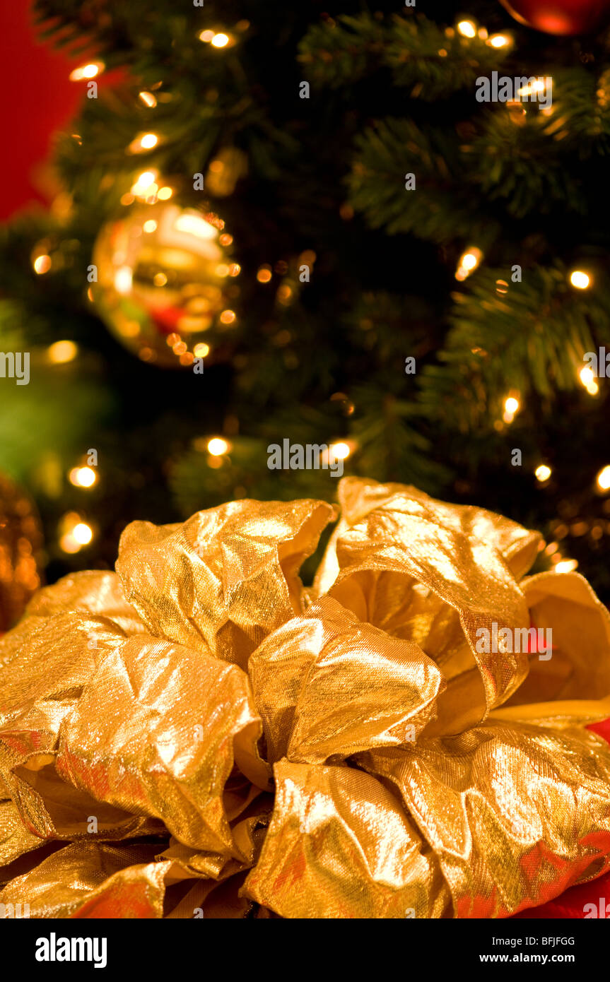 Large gold bow with Christmas tree in background Stock Photo Alamy