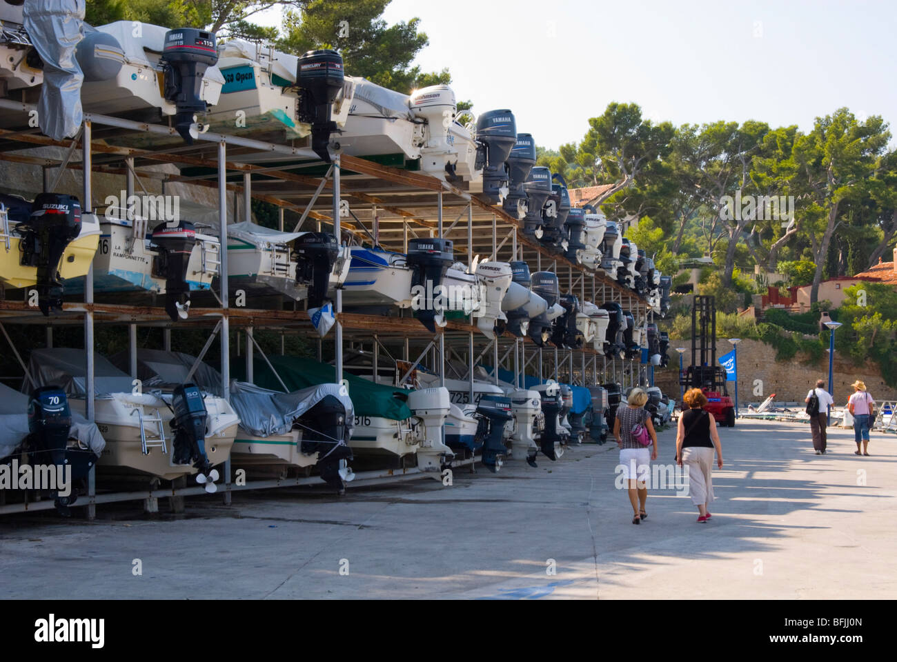 Boat storage racks in the marina in La Madrague Southern France Stock Photo