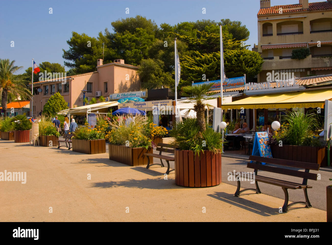 Promenade and cafés bars in La Madrague Southern France Stock Photo