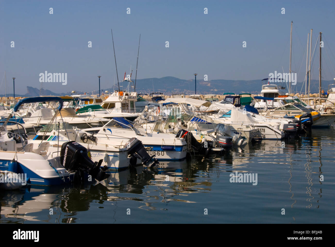 Pleasure boats in the marina in La Madrague Southern France Stock Photo