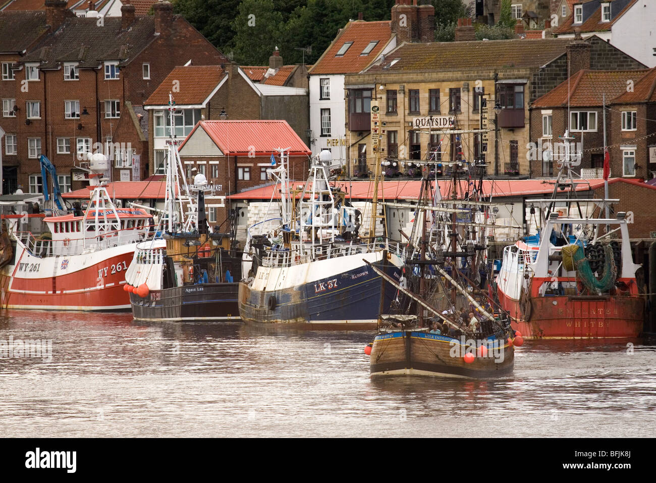 A replica of James Cook's ship, the bark HMS Endeavor, sets sail at Whitby in North Yorkshire, England. Stock Photo